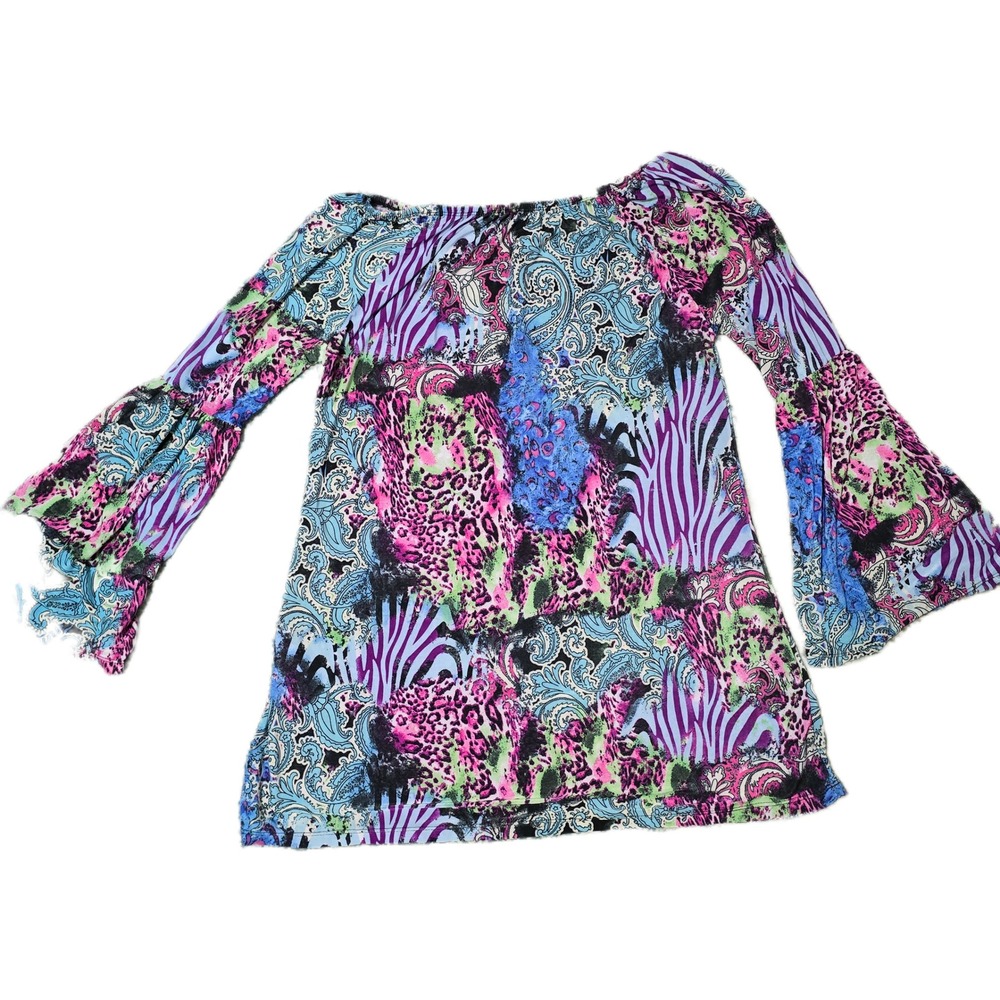 West Loop Multicolor Bell Sleeve Mini-Dress Animal Paisley Print L (E)